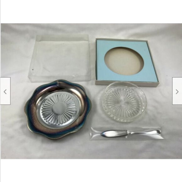 Vtg UNUSED Viking Plate Silverplate Cheese Serving Tray w Glass Dish & Knife - Picture 3 of 7
